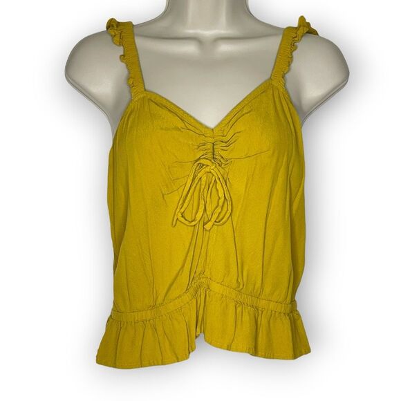 Express Tank Top Golden Yellow Ruffle Cropped Keyhole Women’s Size Small Rayon - Picture 1 of 10